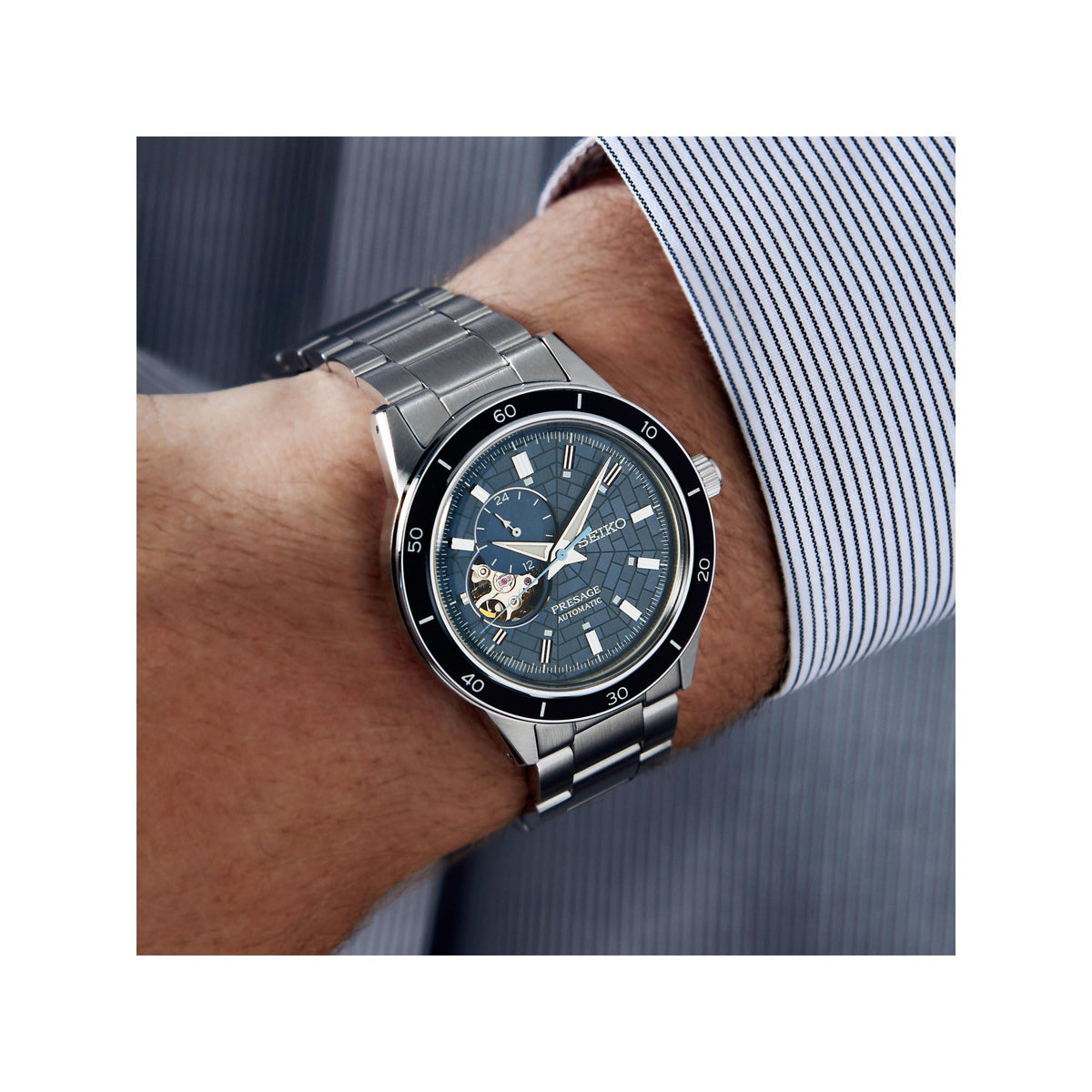 Seiko Presage SSA445J1 blue-green pattern dial on-wrist view