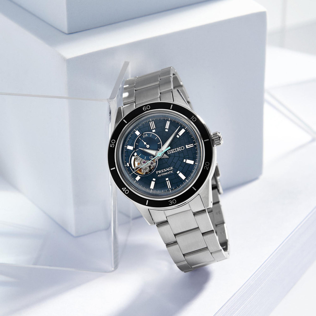 Seiko Presage SSA445J1 blue-green pattern dial lifestyle studio view