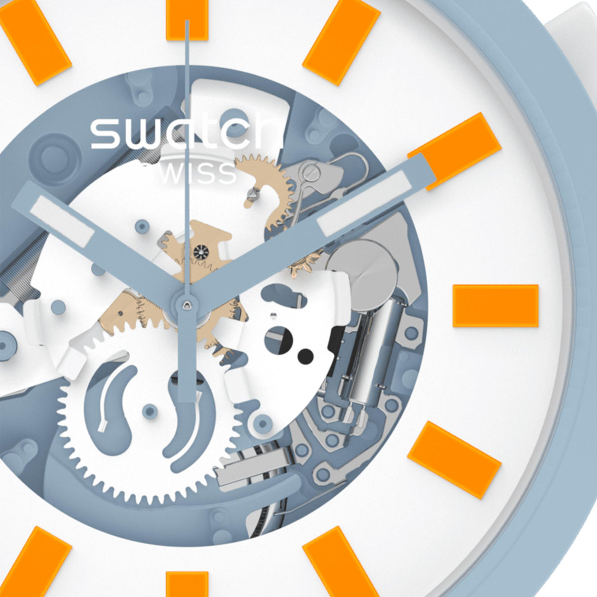 Close-up of skeleton dial with orange markers, blue hands, and visible gears