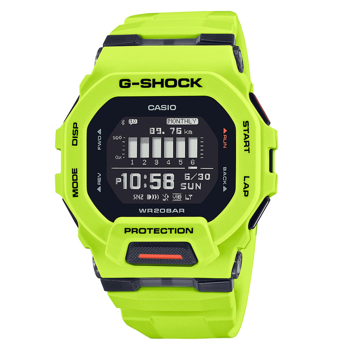 Neon green digital resin strap men's G-Shock watch with LCD time display
