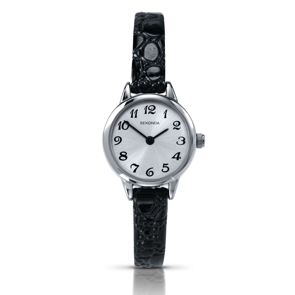 Ladies quartz wristwatch with silver case, black leather strap, white dial and roman numerals