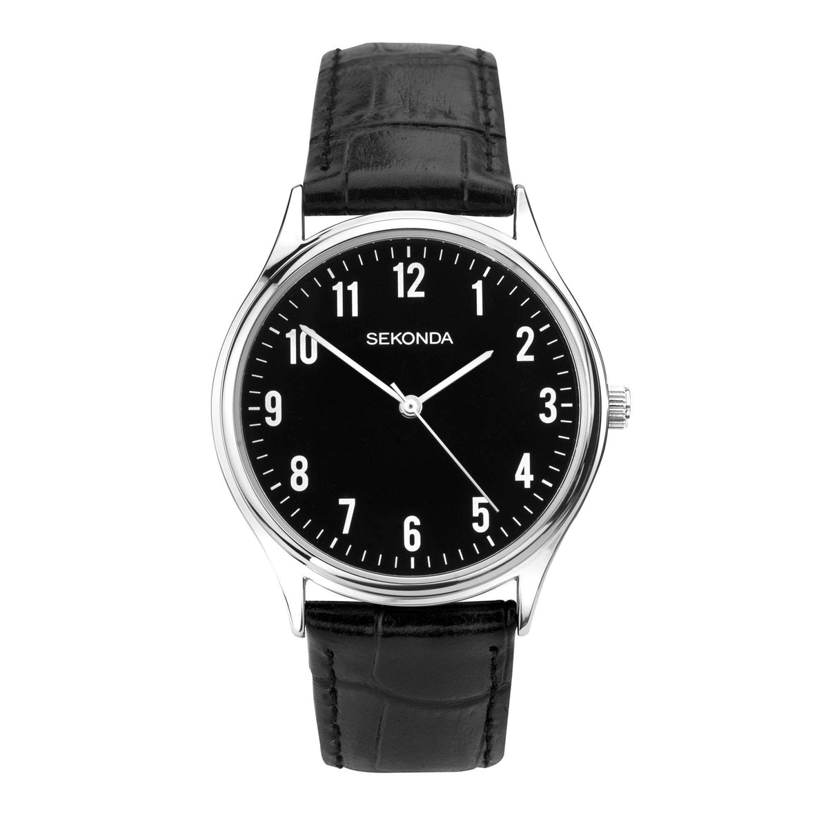 Sekonda men's quartz watch with black dial, black leather strap, silver case