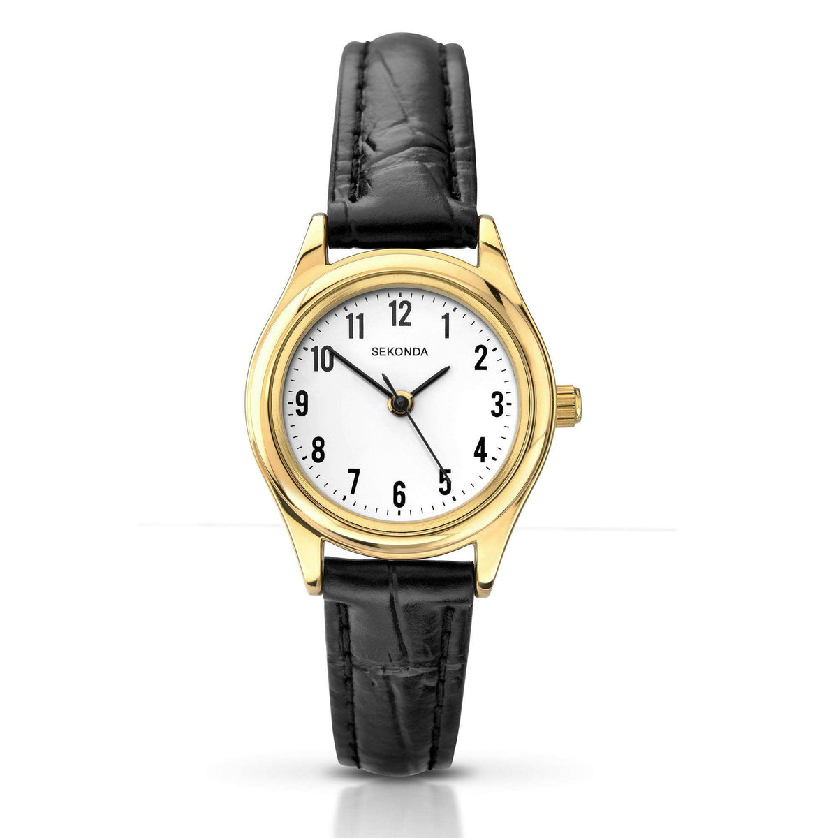Sekonda ladies quartz watch, white dial, black leather strap, gold-tone case