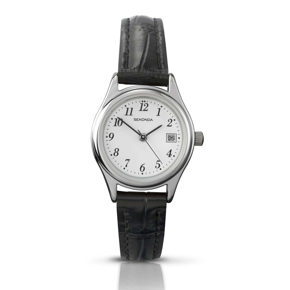 Ladies analog watch with white dial, black leather strap, silver-tone round case