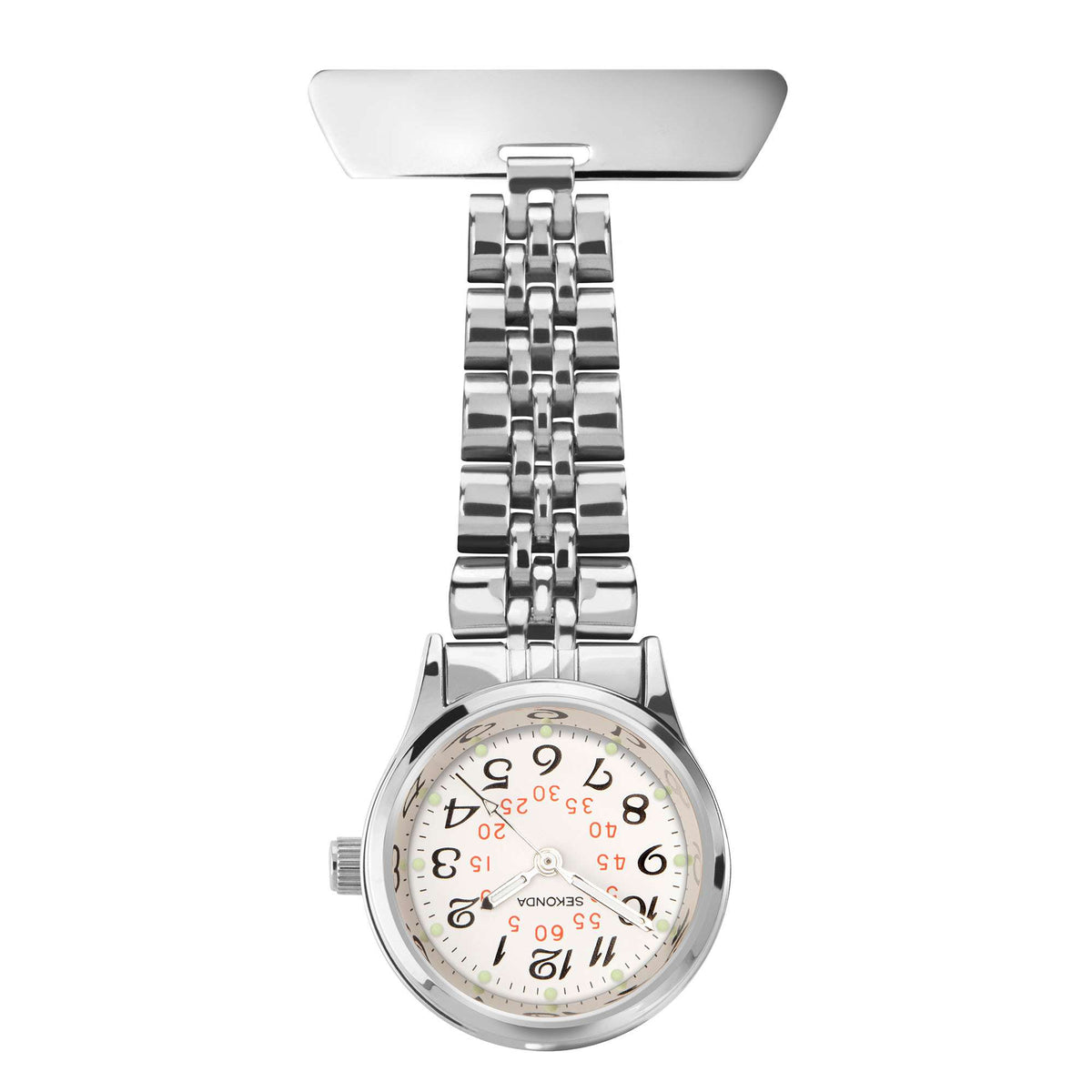 Stainless steel watch with white dial and silver link bracelet, round case