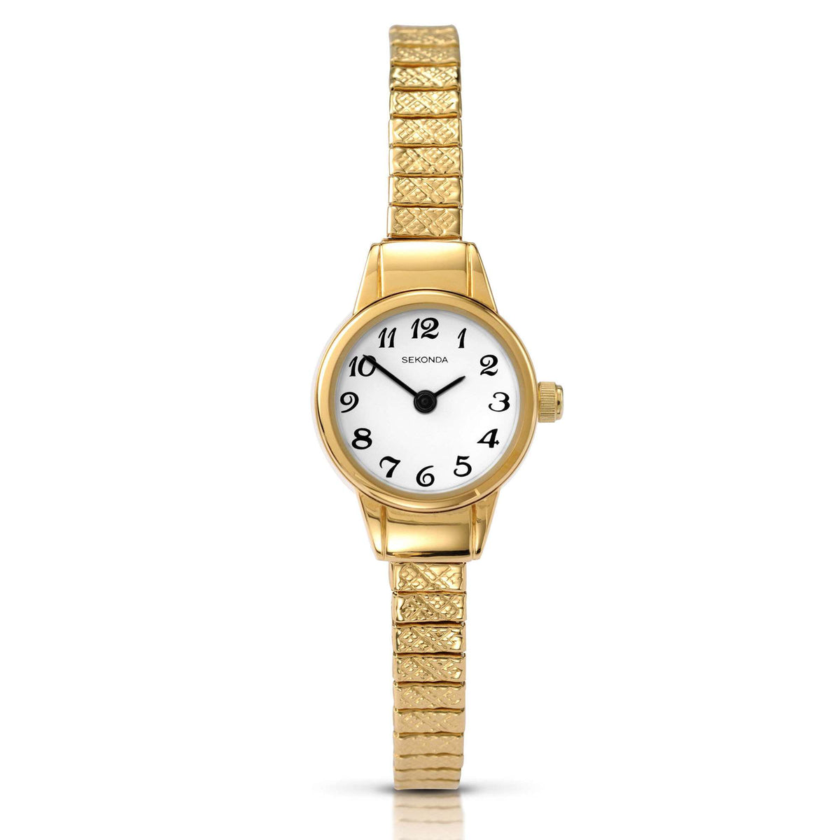 Gold-tone ladies quartz wristwatch with white dial and expandable link bracelet
