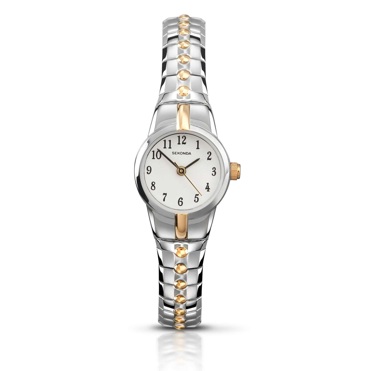 Two-tone ladies quartz wristwatch with white dial and stainless steel/gold bracelet links