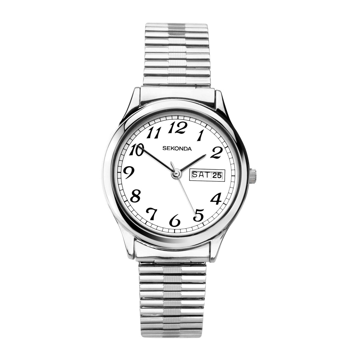 Sekonda men's quartz wrist watch with white dial, silver bracelet, SAT 25 window