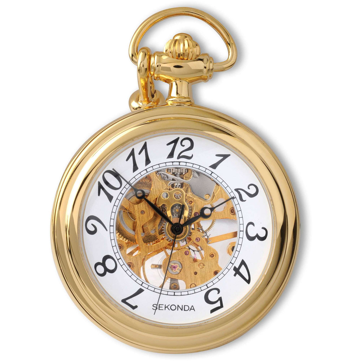 Gold-tone mens pocket watch with white dial, Roman numerals, and visible skeleton movement