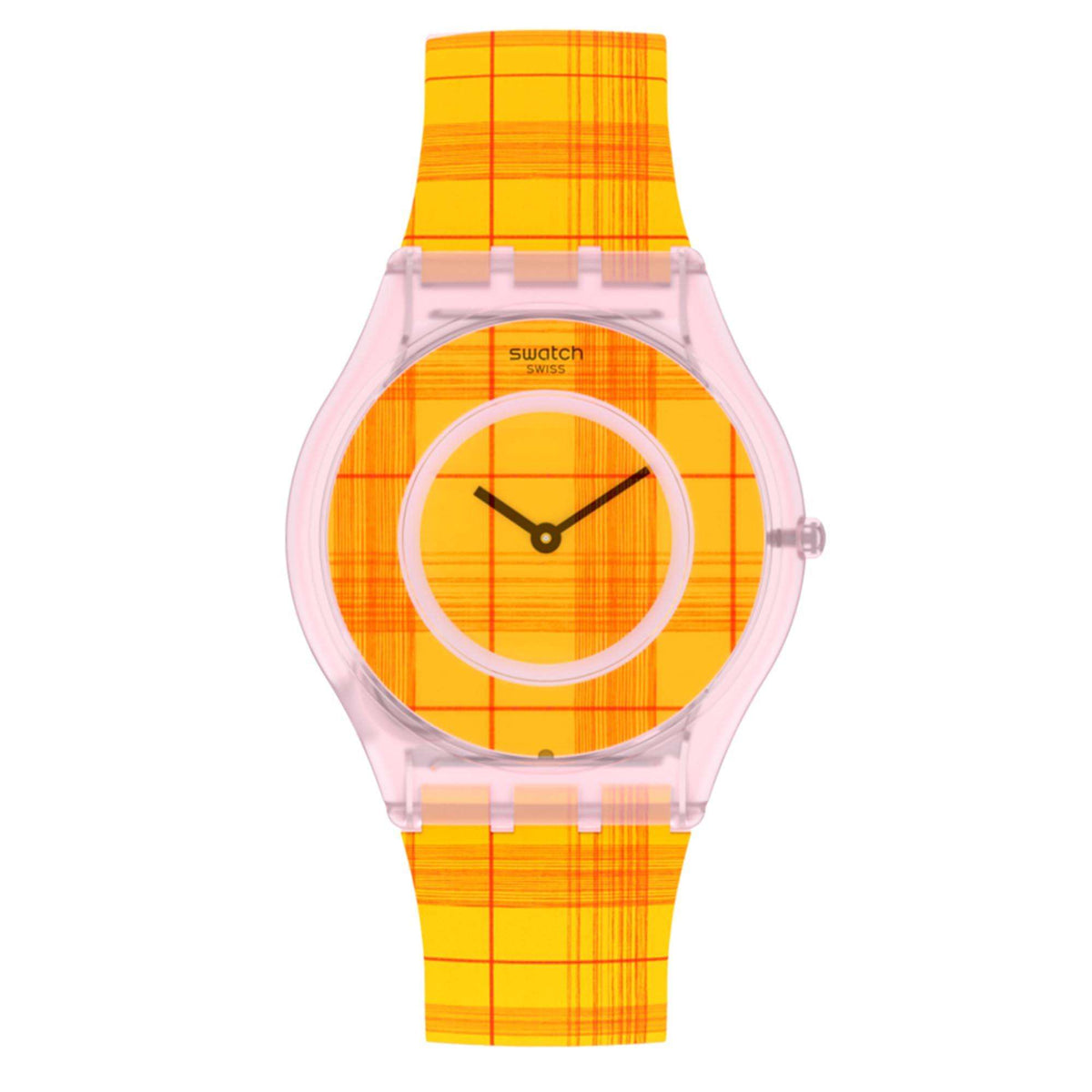 Orange dial quartz watch with orange plaid silicone strap and clear pink case