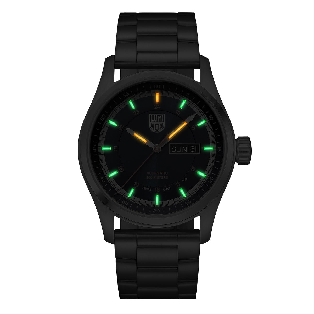 Men's automatic wristwatch, black case and strap, dark dial with green markers