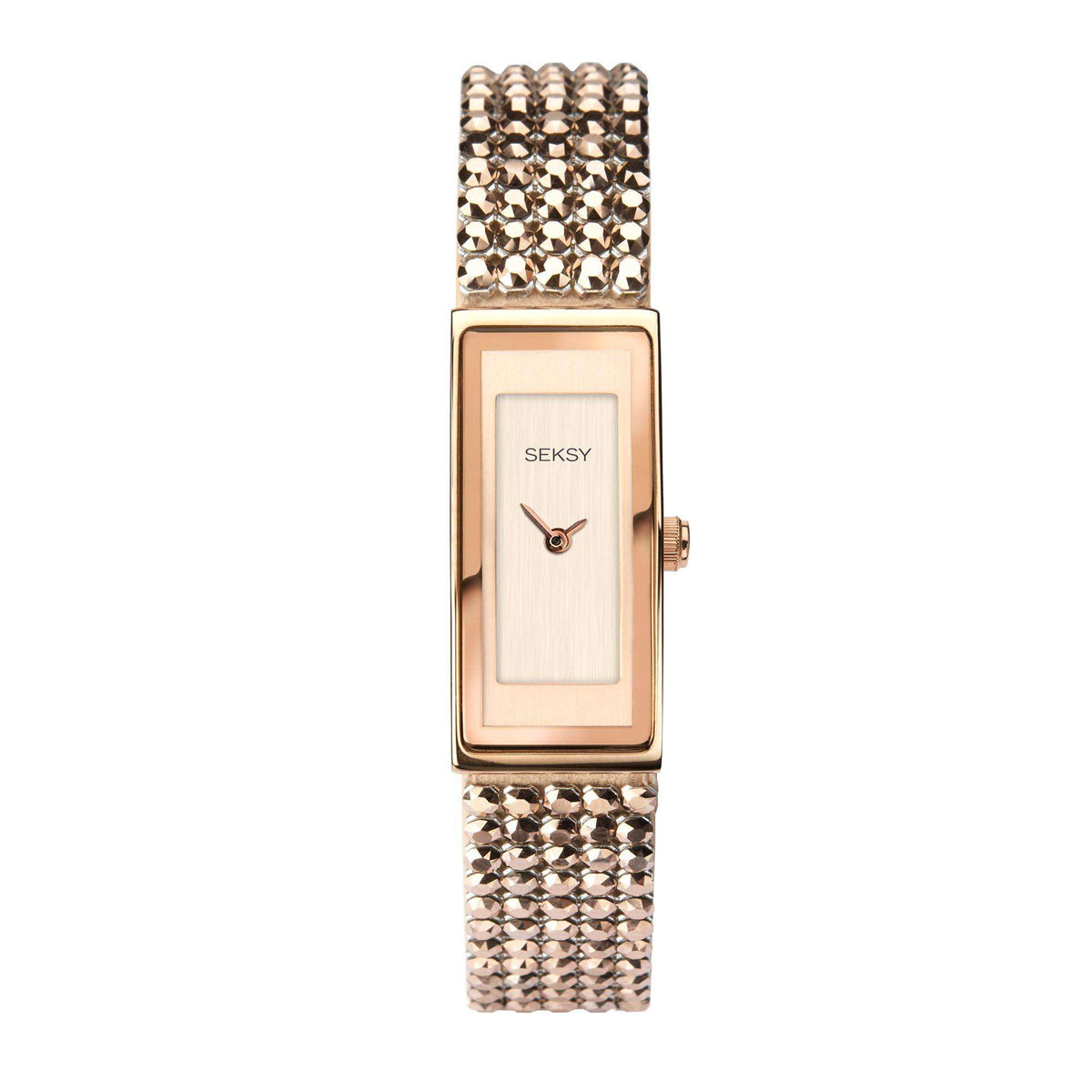 Rose gold-tone jeweled bracelet watch with rectangular dial and sparkling case bezel