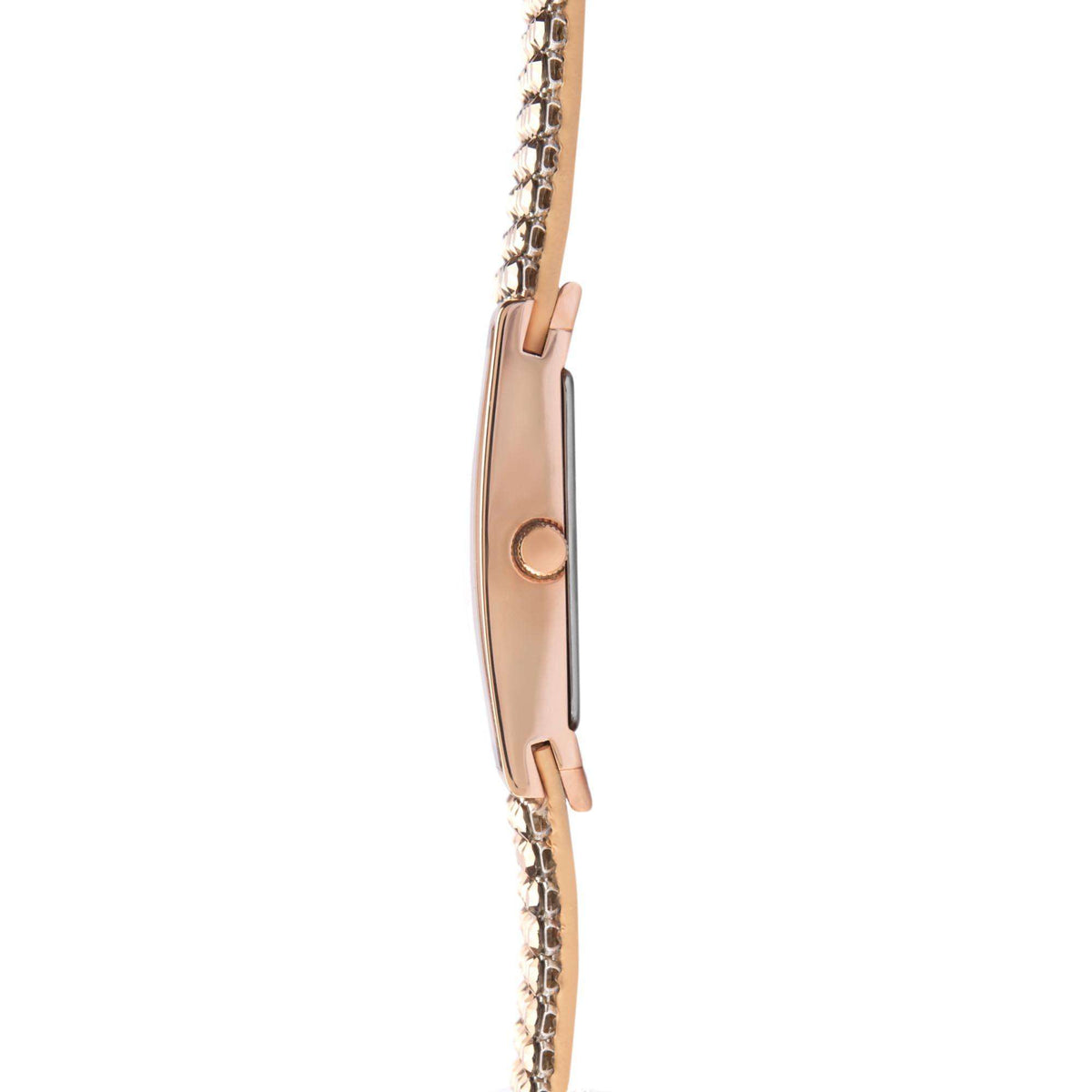 Rose gold-tone rectangular watch case with crown and sparkling mesh bracelet links