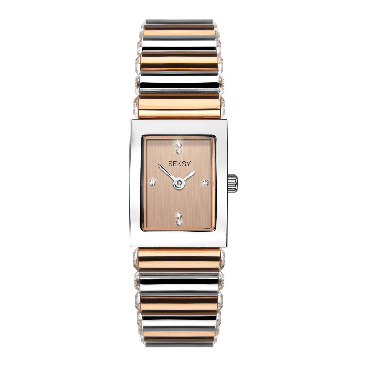 Two-tone stainless steel ladies watch, rectangular champagne dial with crystal markers