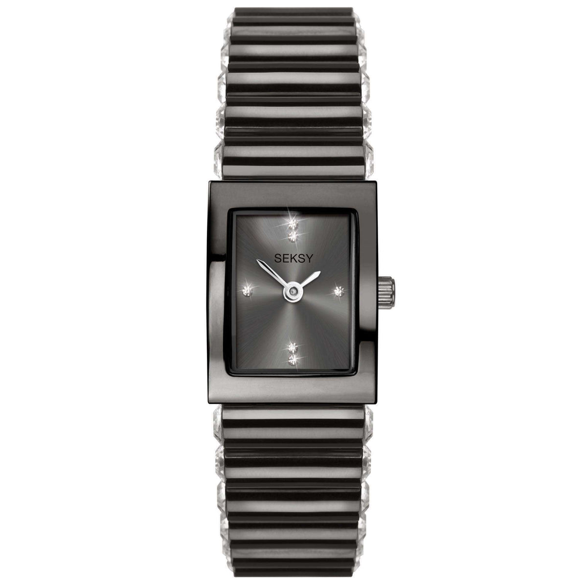 Black dial quartz ladies watch with black stainless steel bracelet and rectangular case