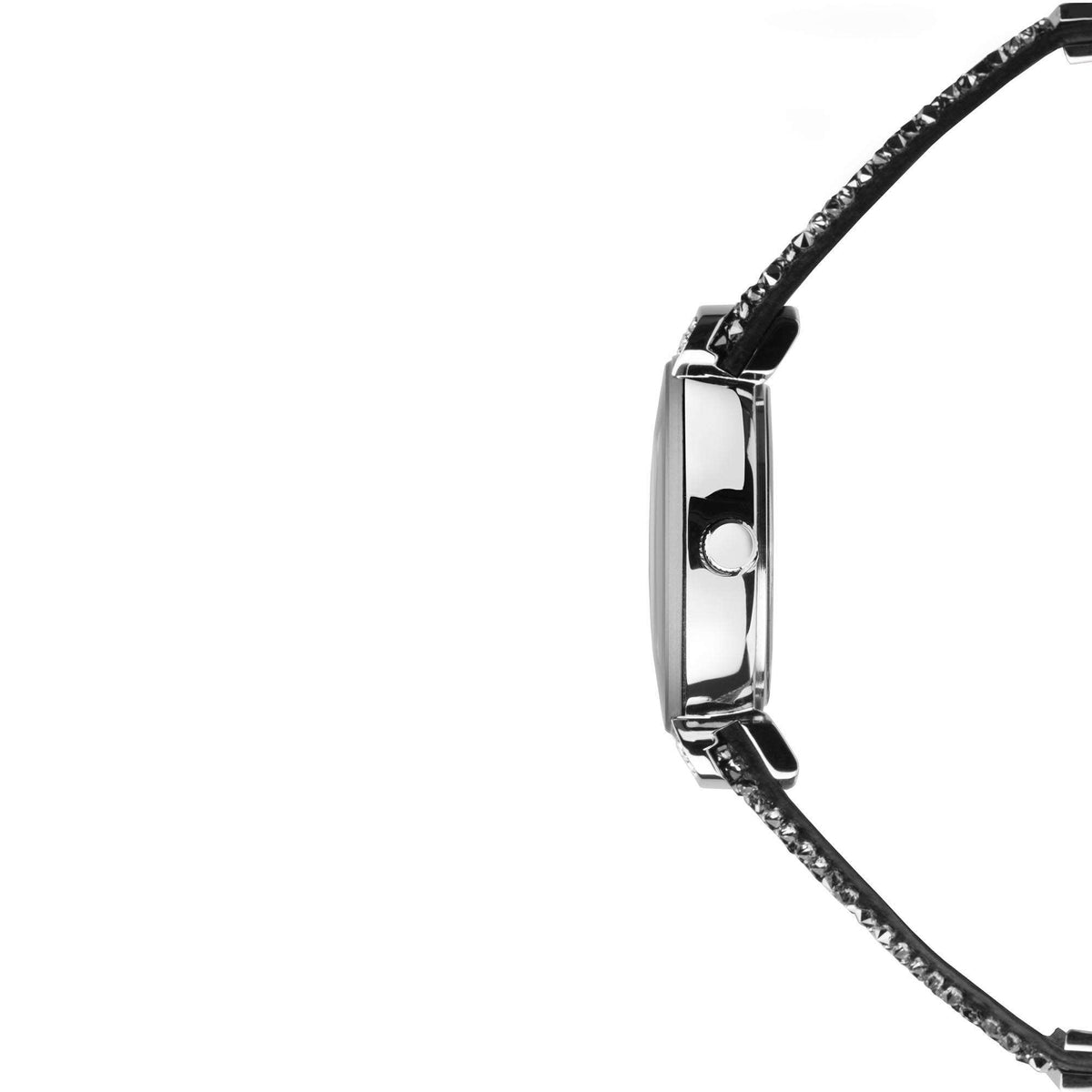 Ladies watch side view with silver case and black textured clasp strap
