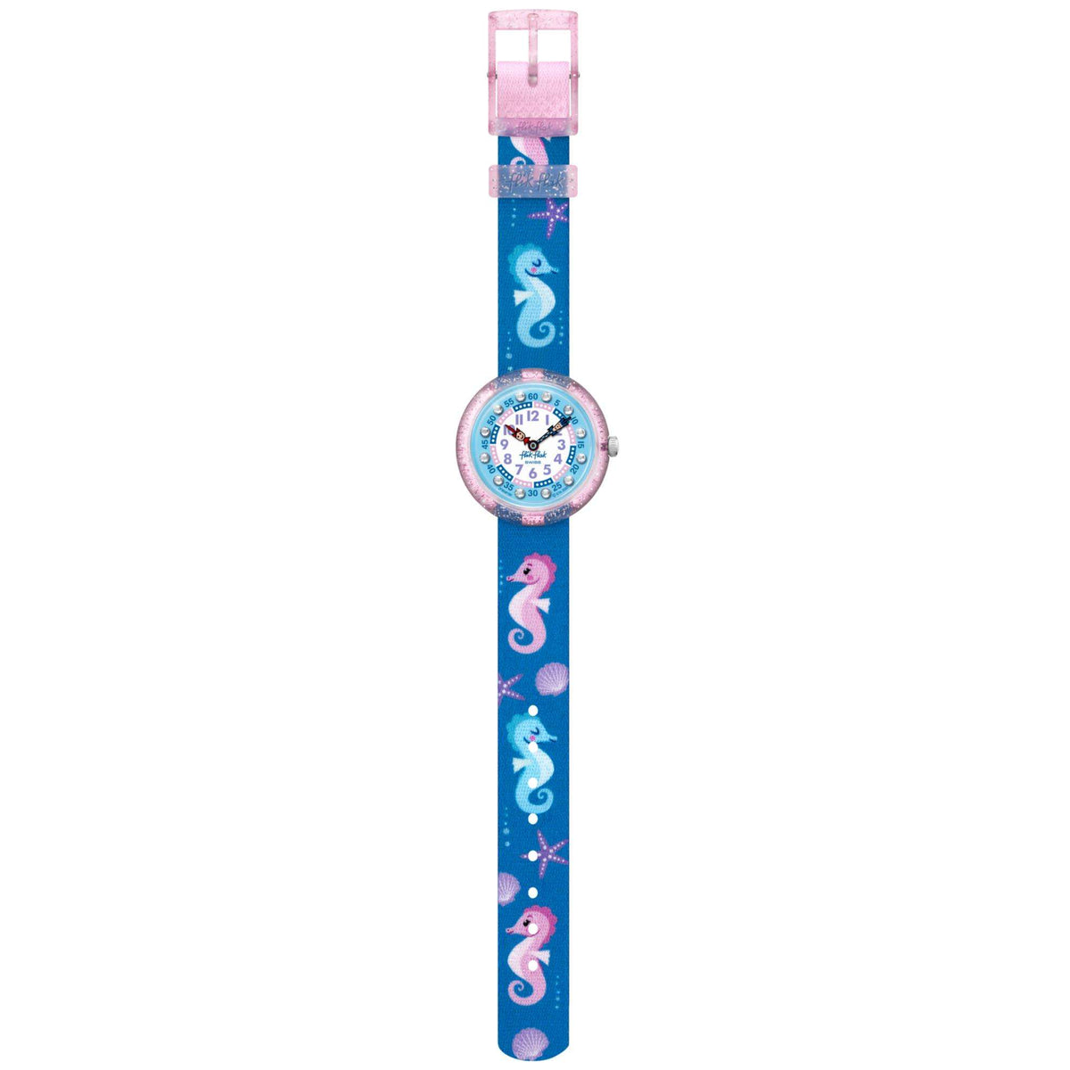 Kids' wristwatch on its strap: blue textile design with seahorse motifs and pink clasp