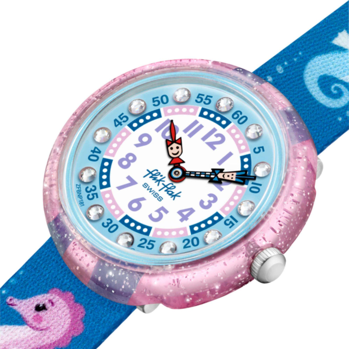 Kids' wristwatch close-up of dial: blue face, colorful numbers, pink glitter bezel