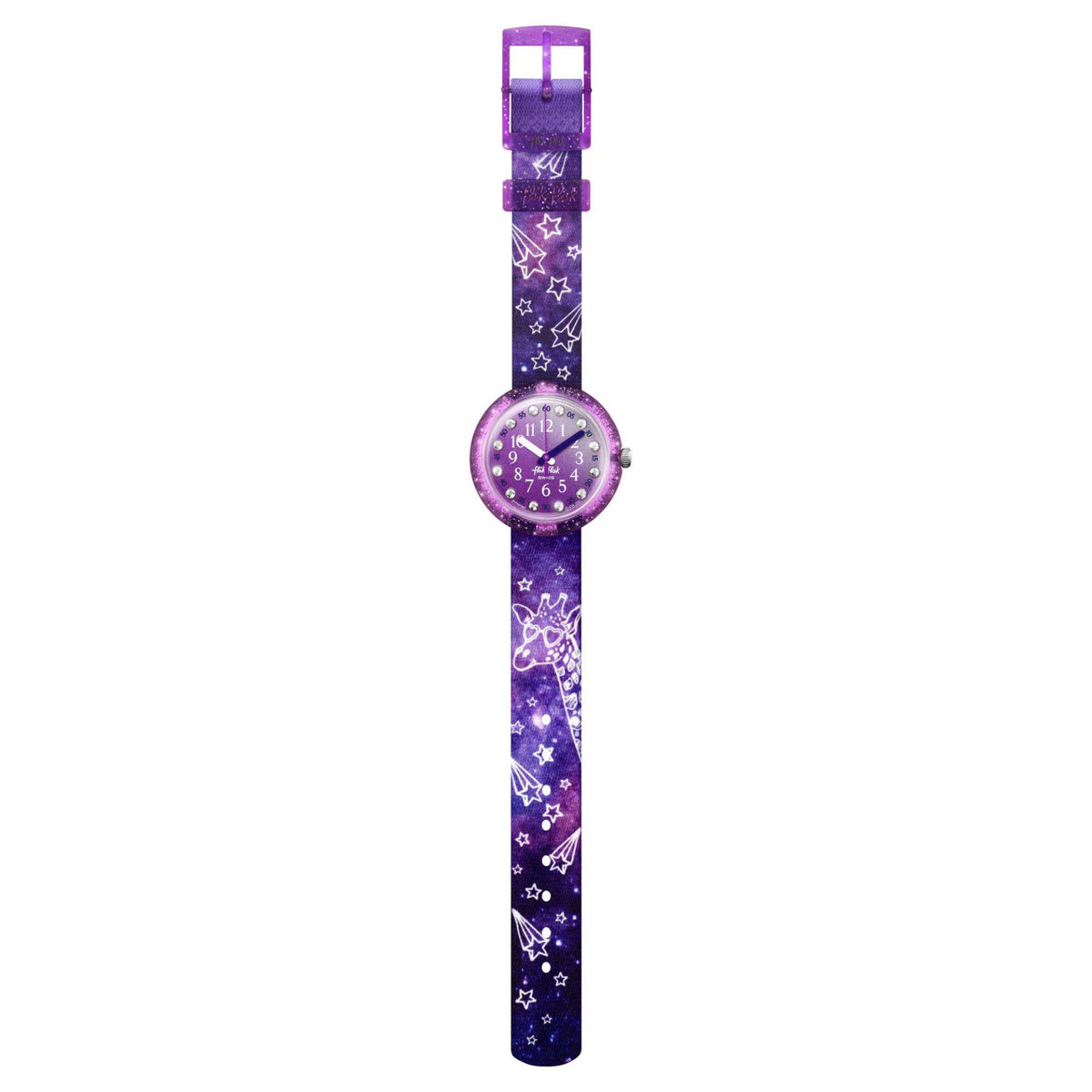 Purple kids quartz watch on straight purple textile strap with star pattern, top buckle.
