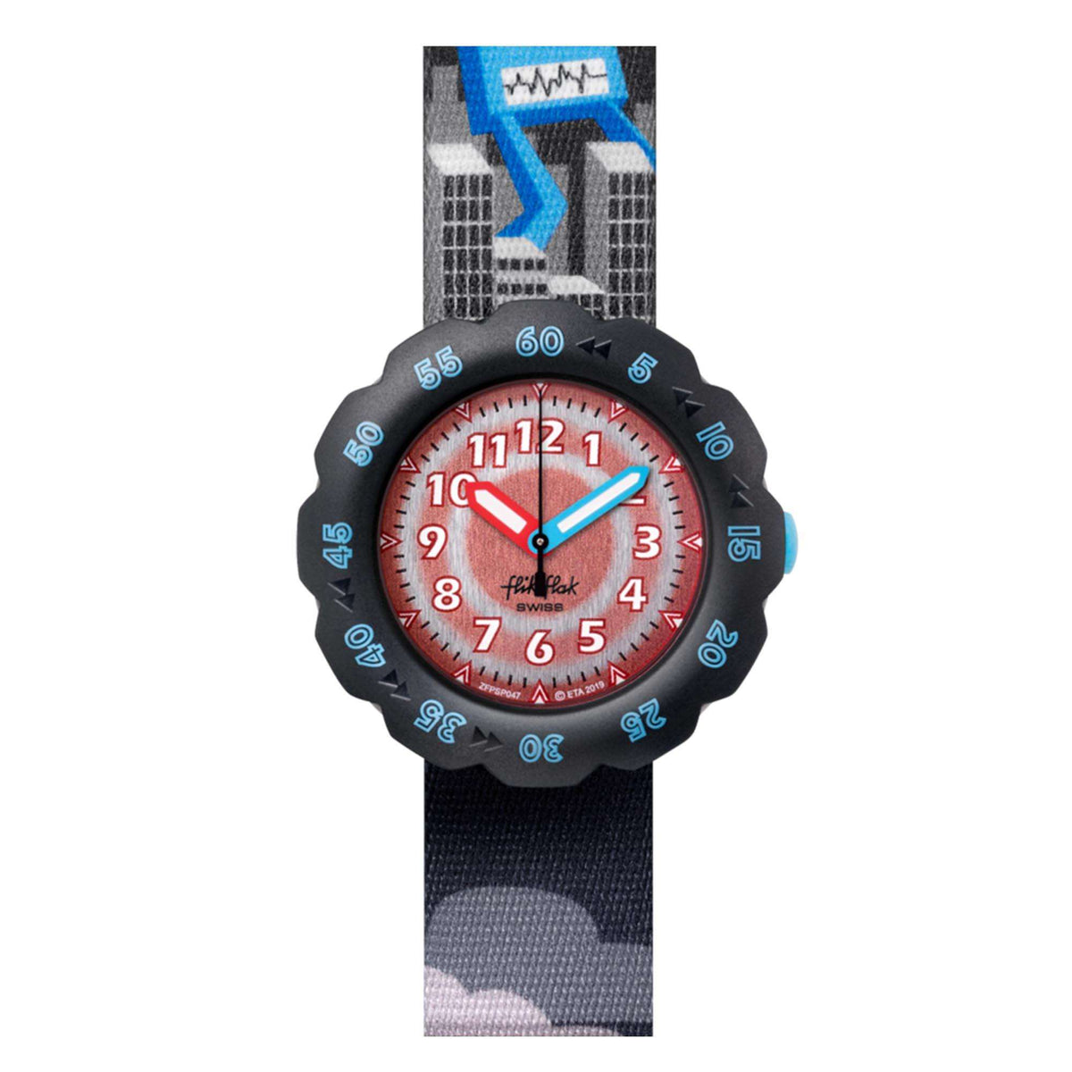 Childrens textile strap watch with blue dial, red numbers, and black spiked bezel