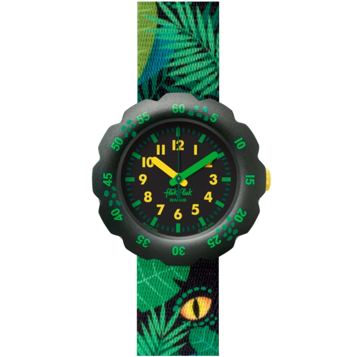 Round digital-style wristwatch with green fabric patterned strap and black case, yellow hands