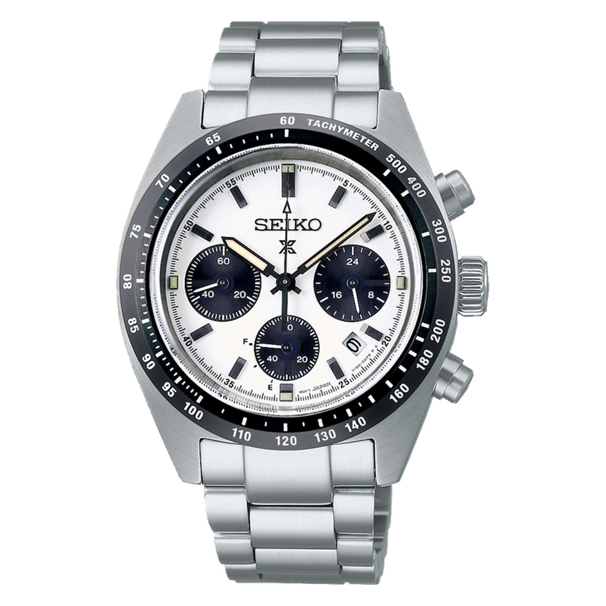 Men’s stainless steel solar quartz chronograph watch with white dial and metal bracelet
