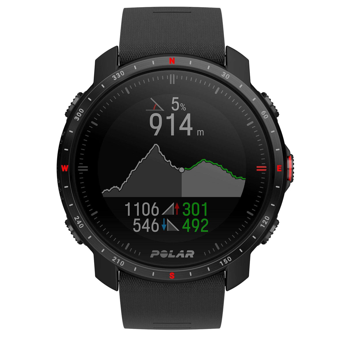 Black touchscreen smartwatch with rugged bezel and black silicone strap showing fitness metrics
