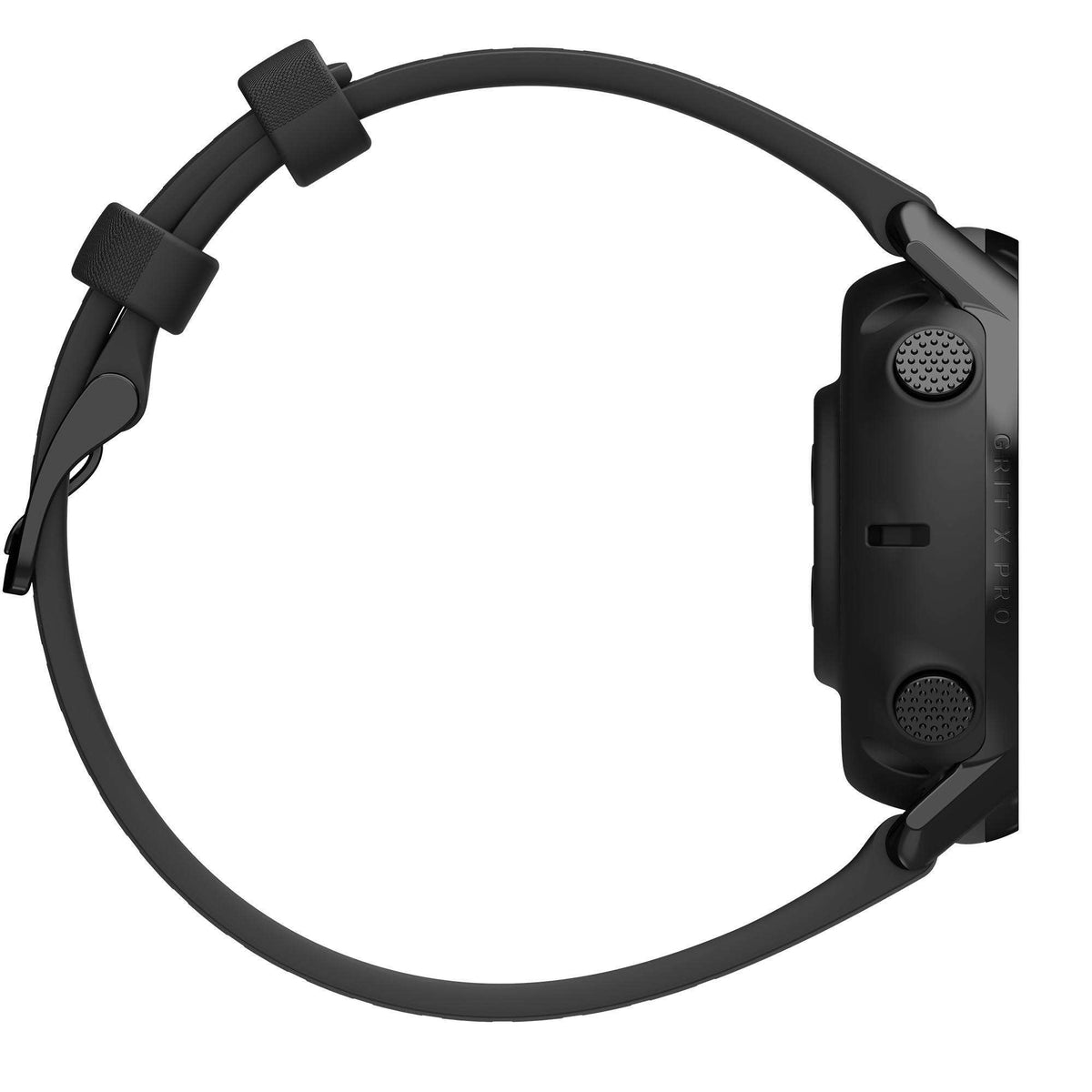 Black rubber watch strap with textured holes and black case side buttons