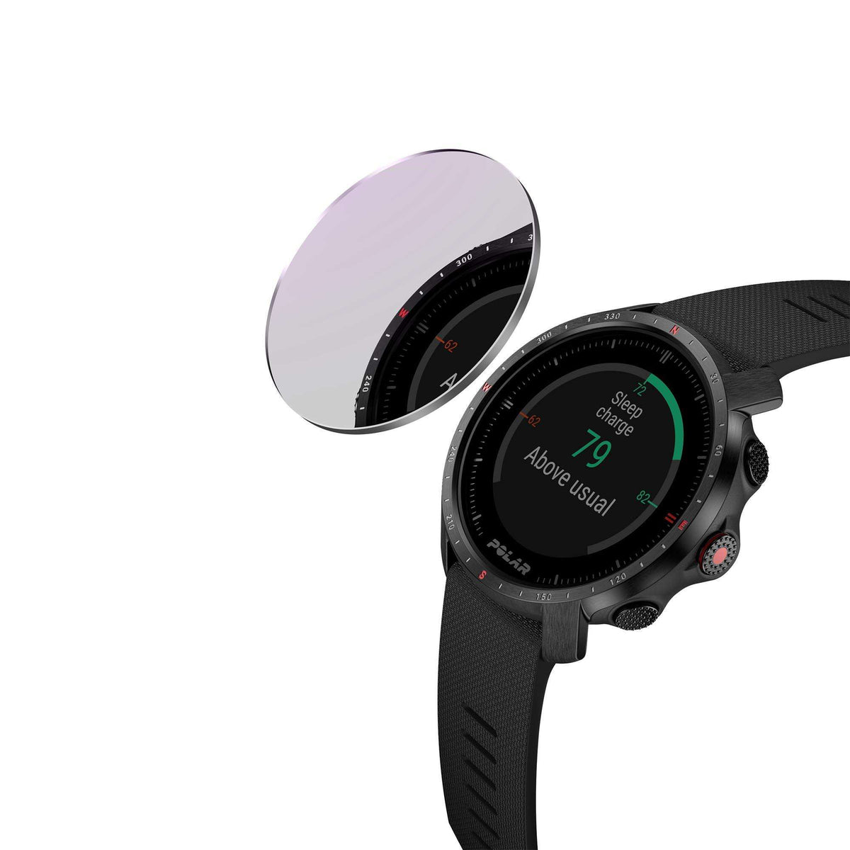 Black sport watch with attached screen protector and textured rubber strap