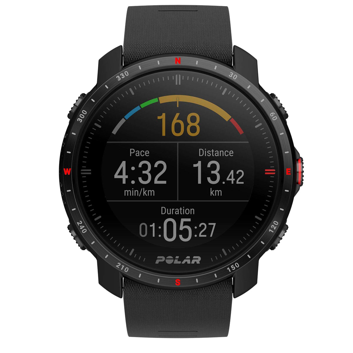 Black round smartwatch with rubber strap showing pace, distance, and duration on dark display.