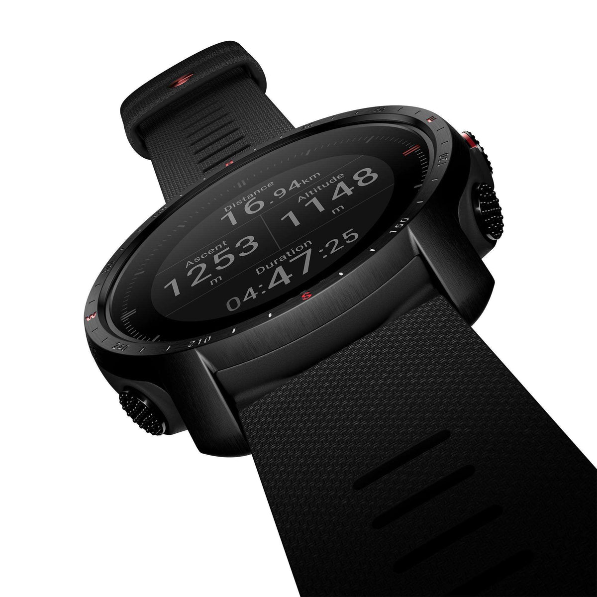 Black sport smartwatch angled view with side buttons and textured black rubber strap
