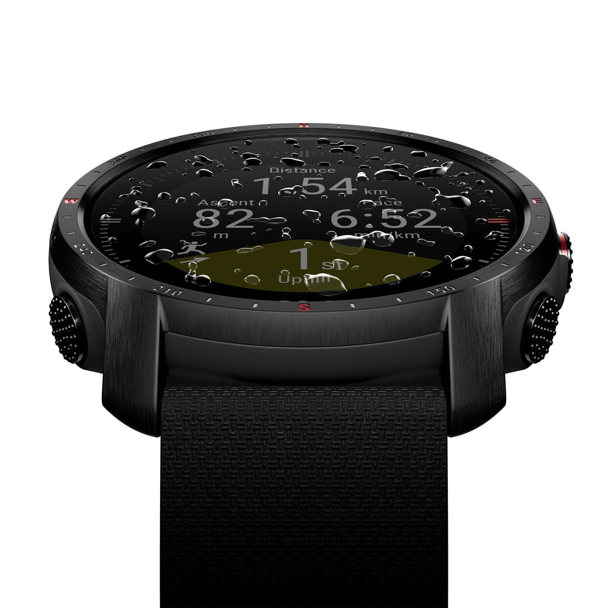 Black smartwatch case close-up with water droplets and digital numbers on display