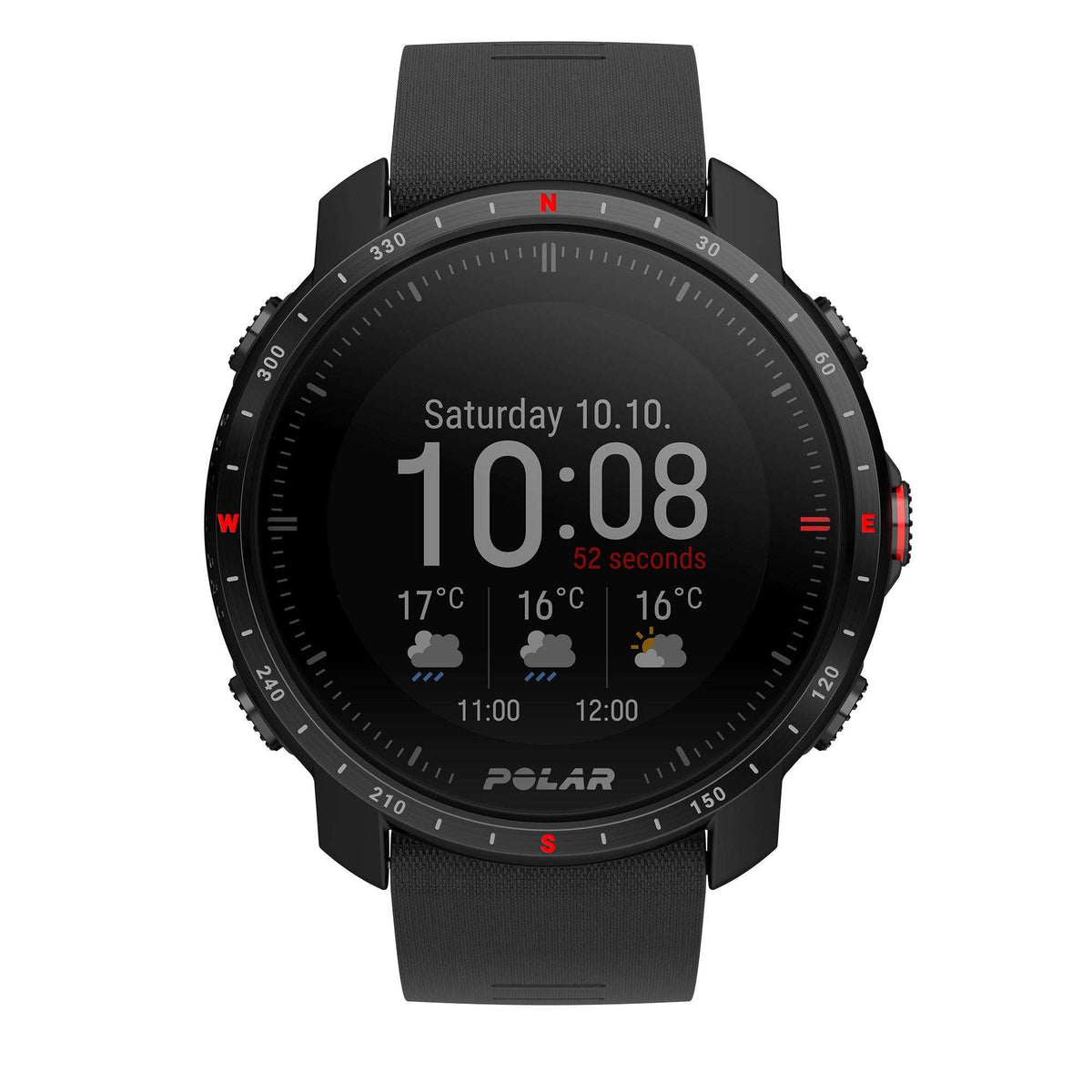 Black touchscreen smartwatch with Saturday date, time, weather icons, and rubber strap