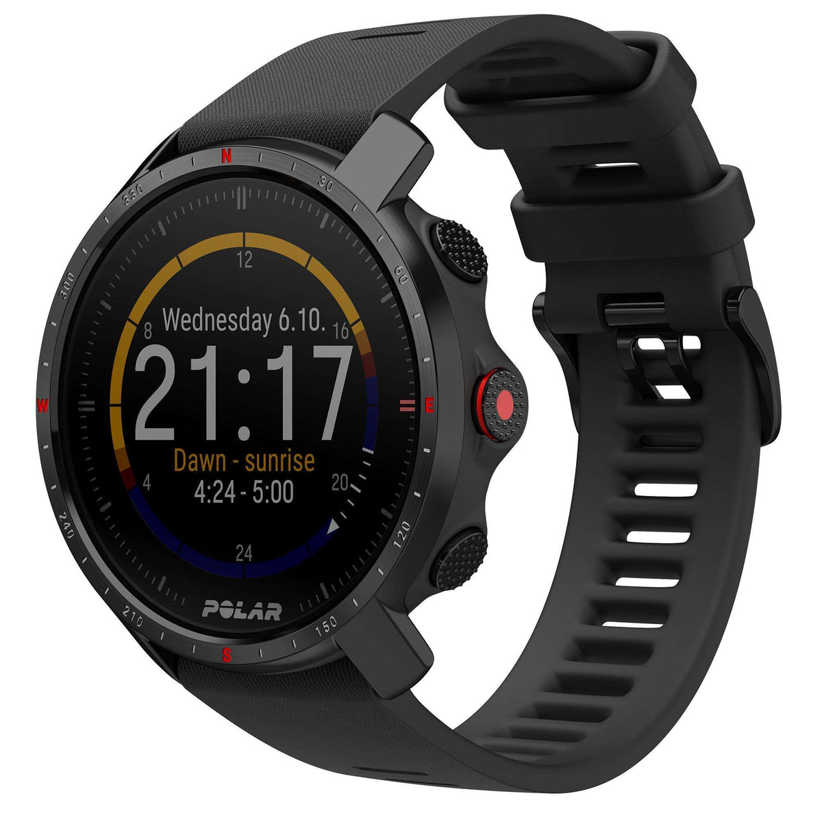 Black smartwatch with rubber strap, side view, showing 21:17 and sunrise text