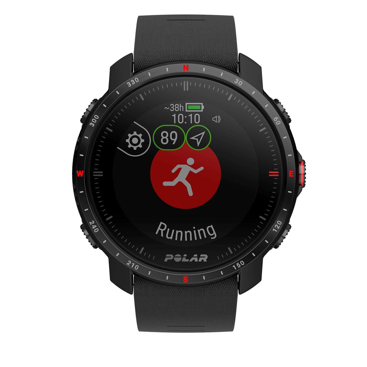 Black sport smartwatch with running screen and time, black rubber strap