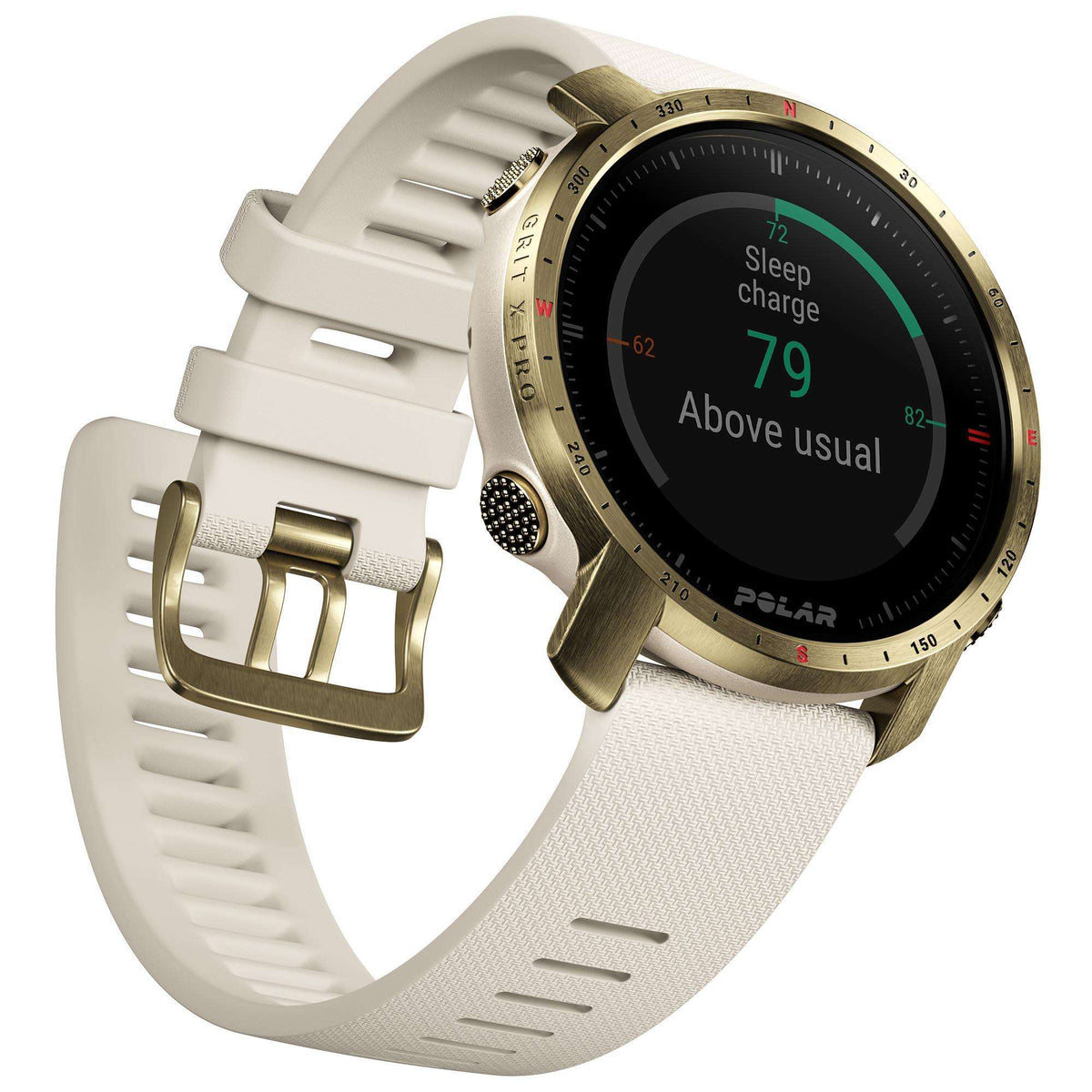 Unisex sports watch with cream strap and gold buckle, side close-up showing charging /9
