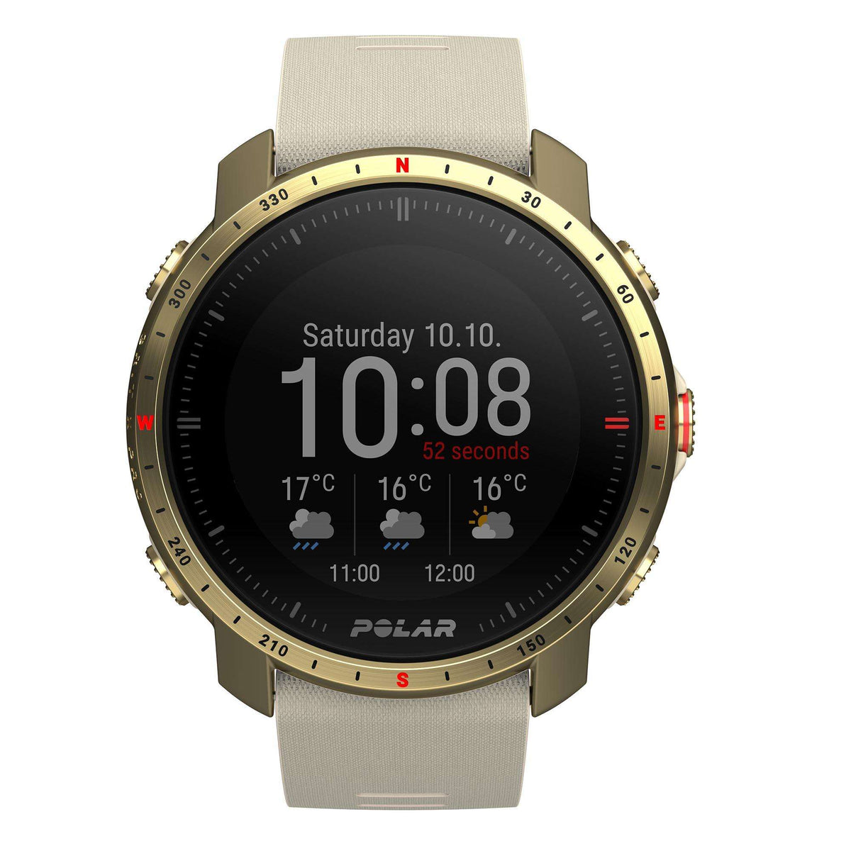 Unisex sports watch with black dial, gold bezel, cream strap showing Saturday 10.10 10:08