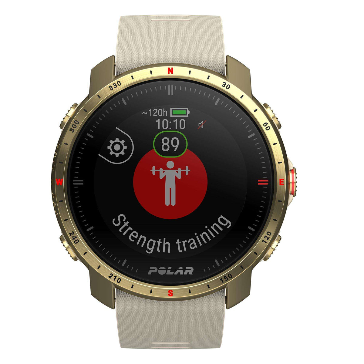 Unisex sports watch with black dial and gold bezel, cream strap showing strength training 89