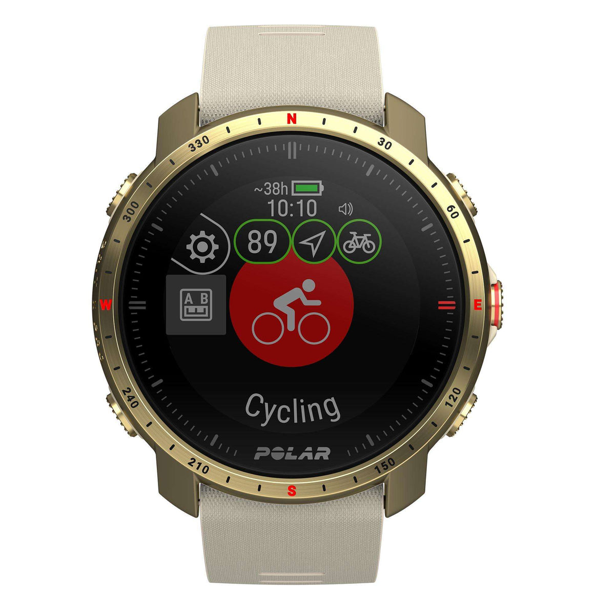 Unisex smartwatch with black dial, gold case, and cream textured silicone strap, cycling stats.