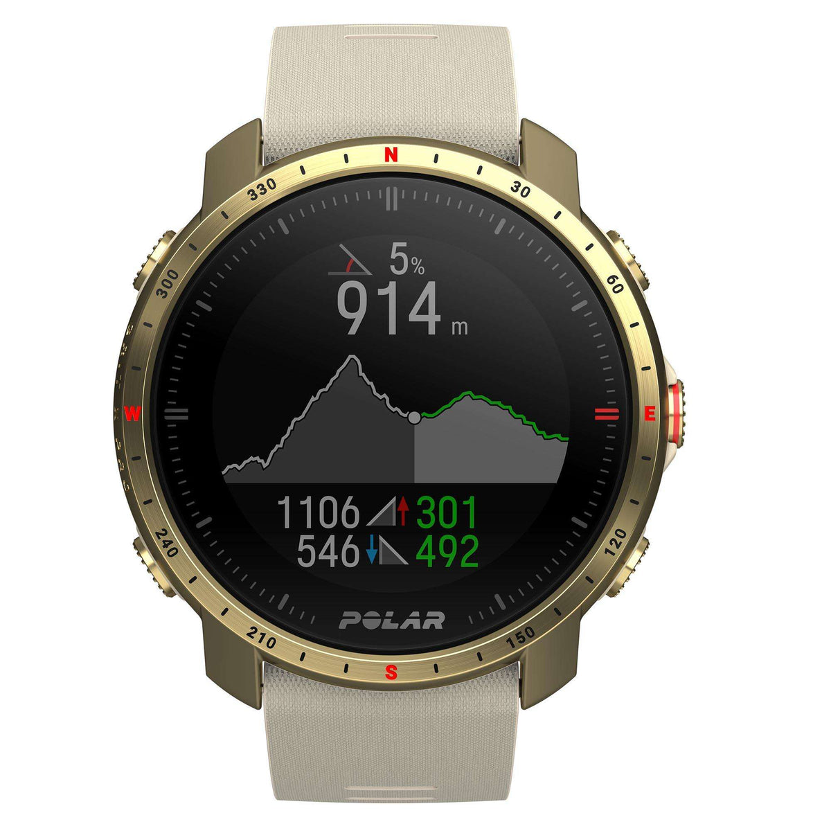 Unisex smartwatch with black dial, gold case, and cream textured silicone strap, elevation graph.