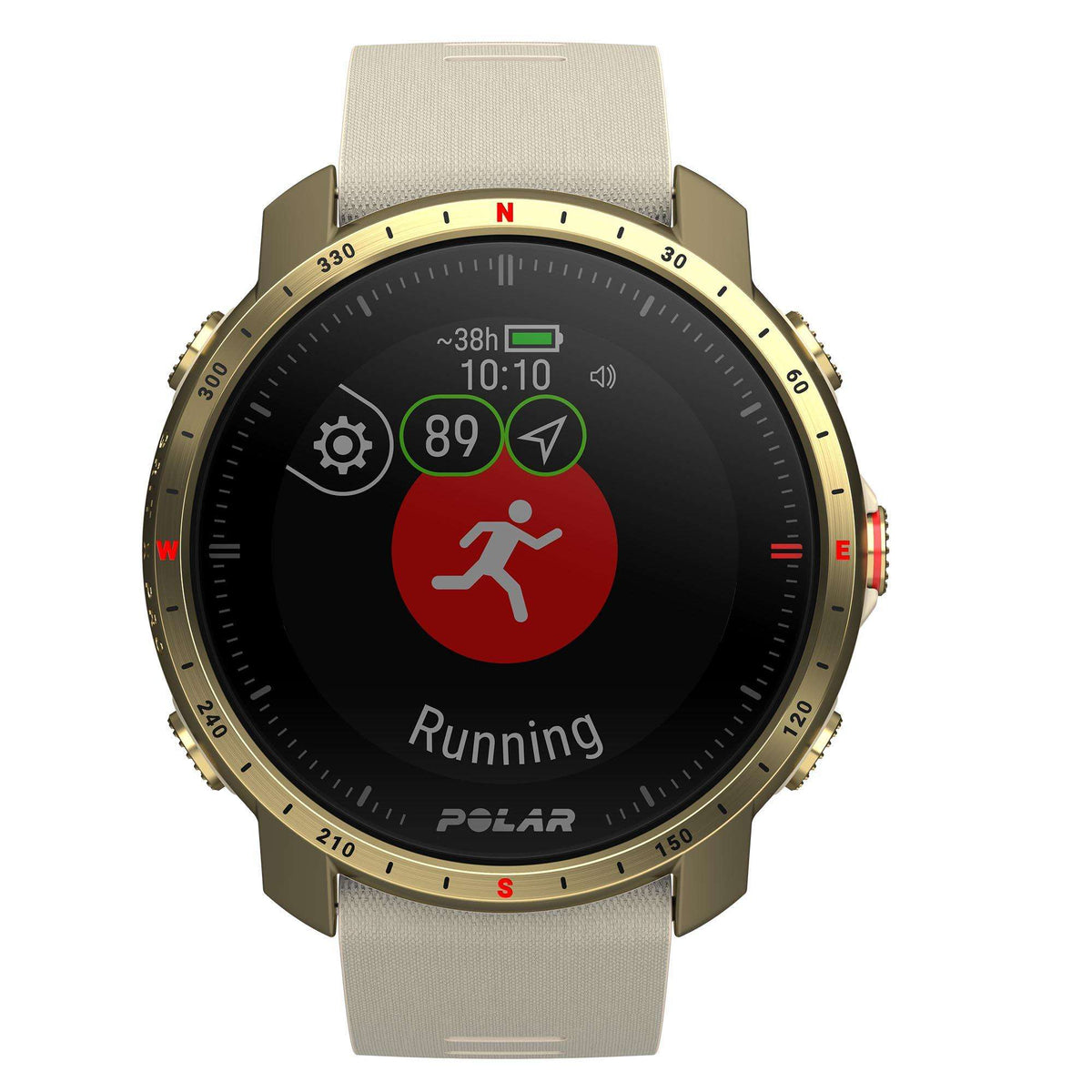 Unisex smartwatch with black dial, gold case, and cream textured silicone strap, running stats.
