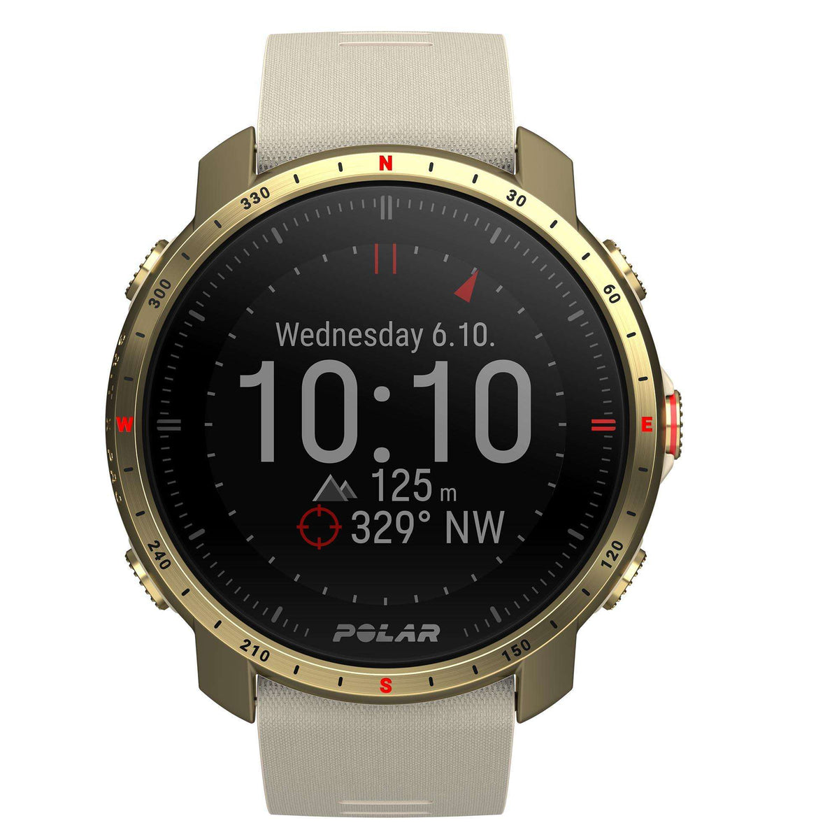 Unisex smartwatch with black dial, gold case, and cream textured silicone strap, weather time screen.