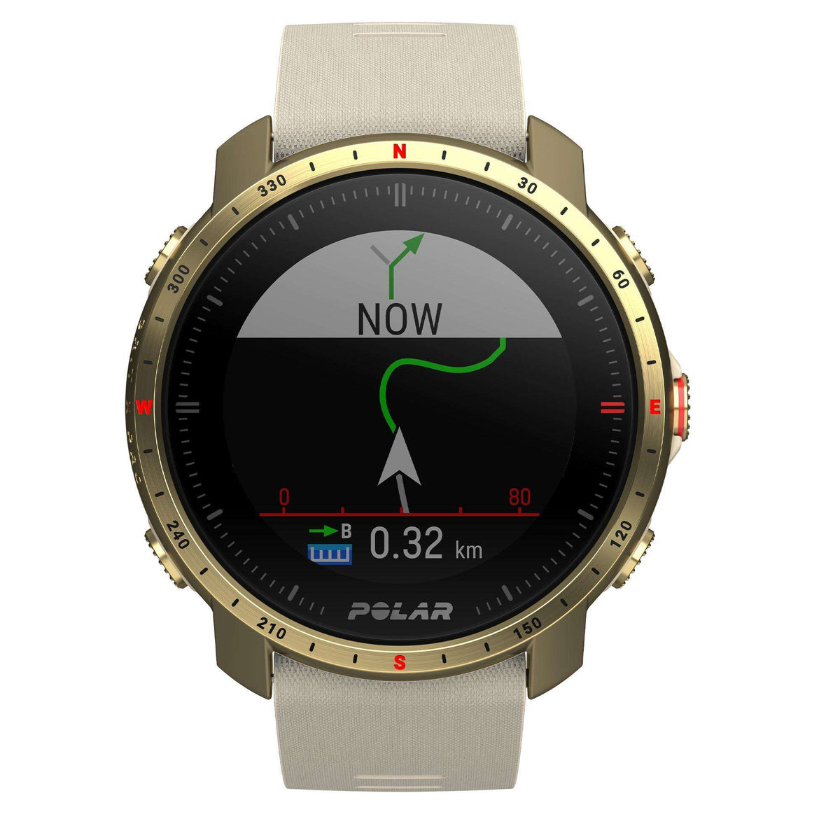Unisex smartwatch with black dial, gold case, and cream textured silicone strap, compass navigation.
