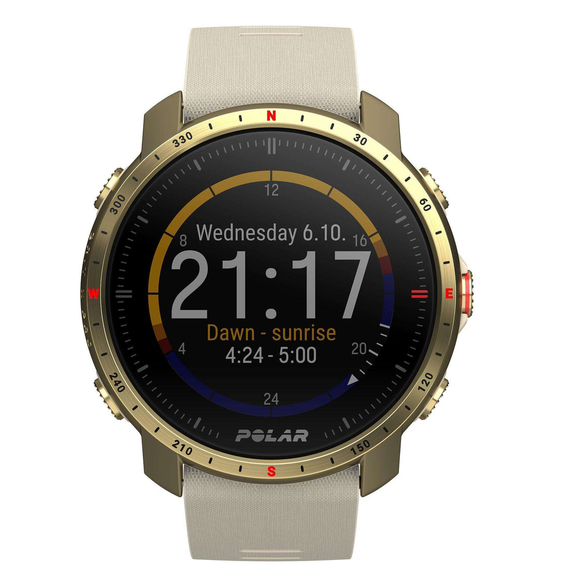 Unisex smartwatch with black dial, gold case, and cream textured silicone strap, sunrise time display.