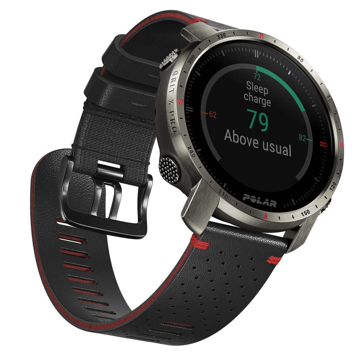 Smartwatch face showing 'Charge' and '9 Above usual' on black display; black strap.