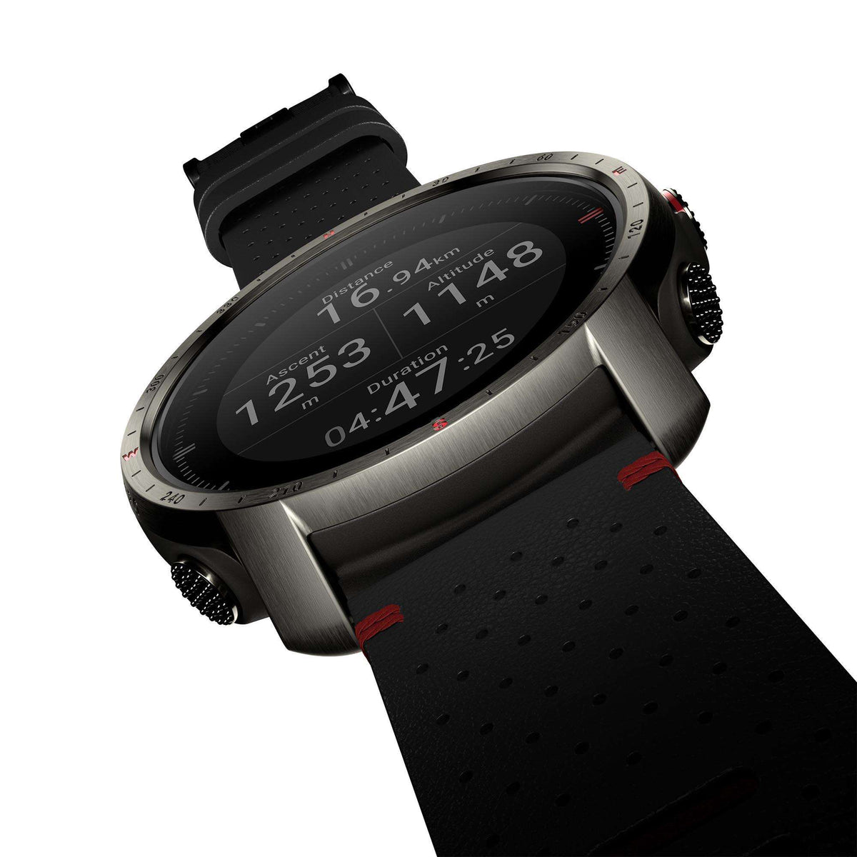 Smartwatch with black display showing time and distance numbers; black perforated strap.