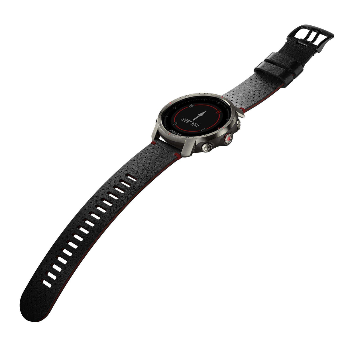 Smartwatch with black perforated rubber strap and black dial; sport case with red highlights.