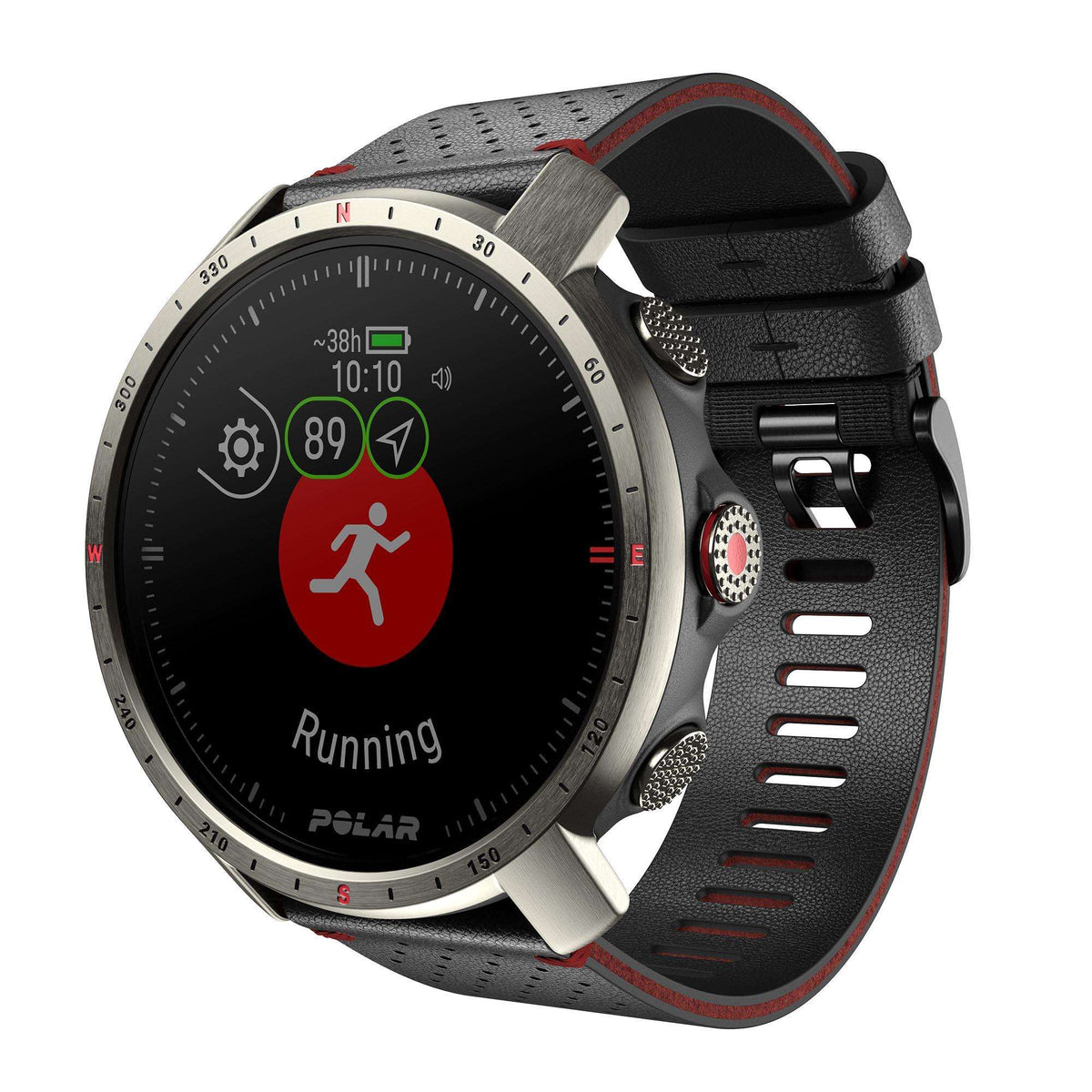 Smartwatch front view showing green running icon on black display; black rubber strap.