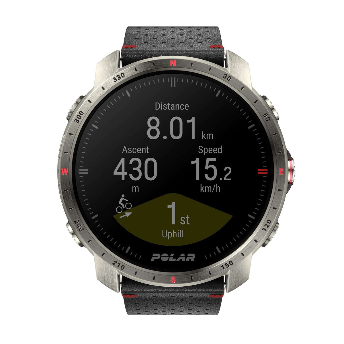 Grey case smartwatch with black rubber strap; black dial shows distance, speed, and incline