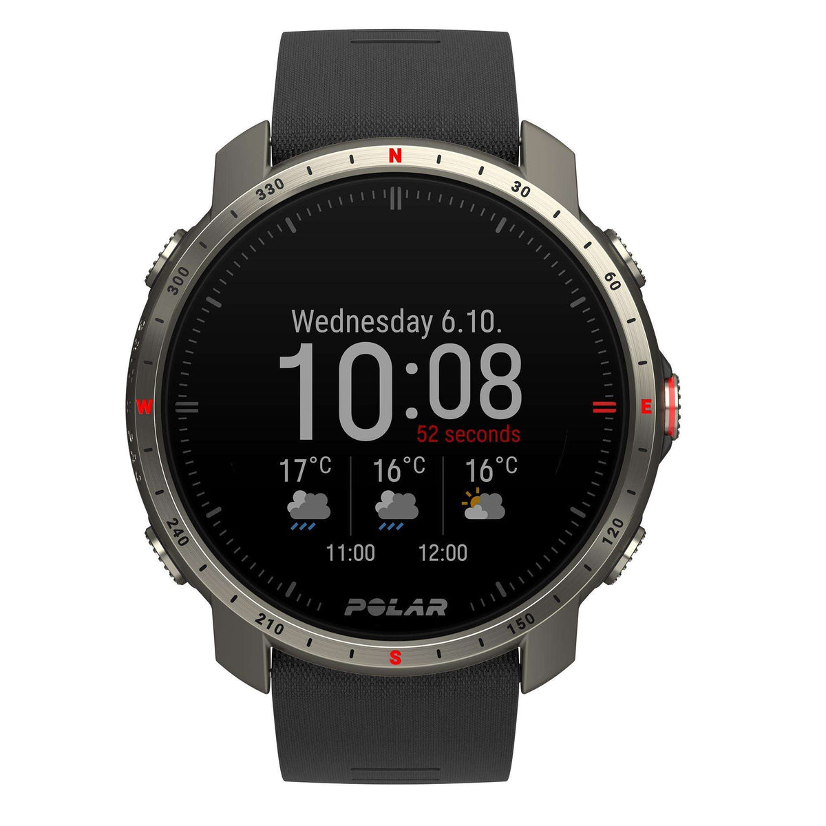 Grey case smartwatch with black rubber strap; black dial shows “10:08” and temperature readouts